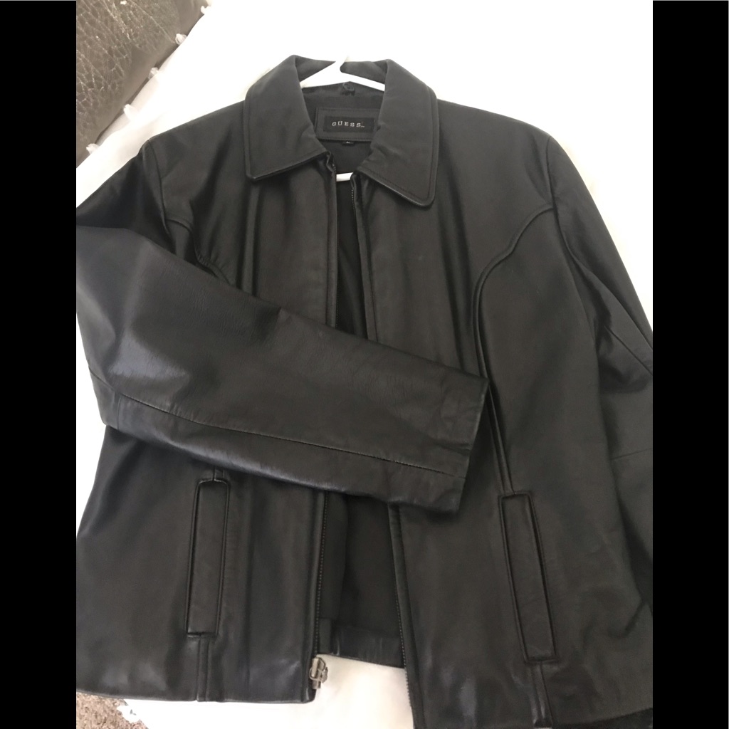 Black Leather Jacket By Guess, Size Large